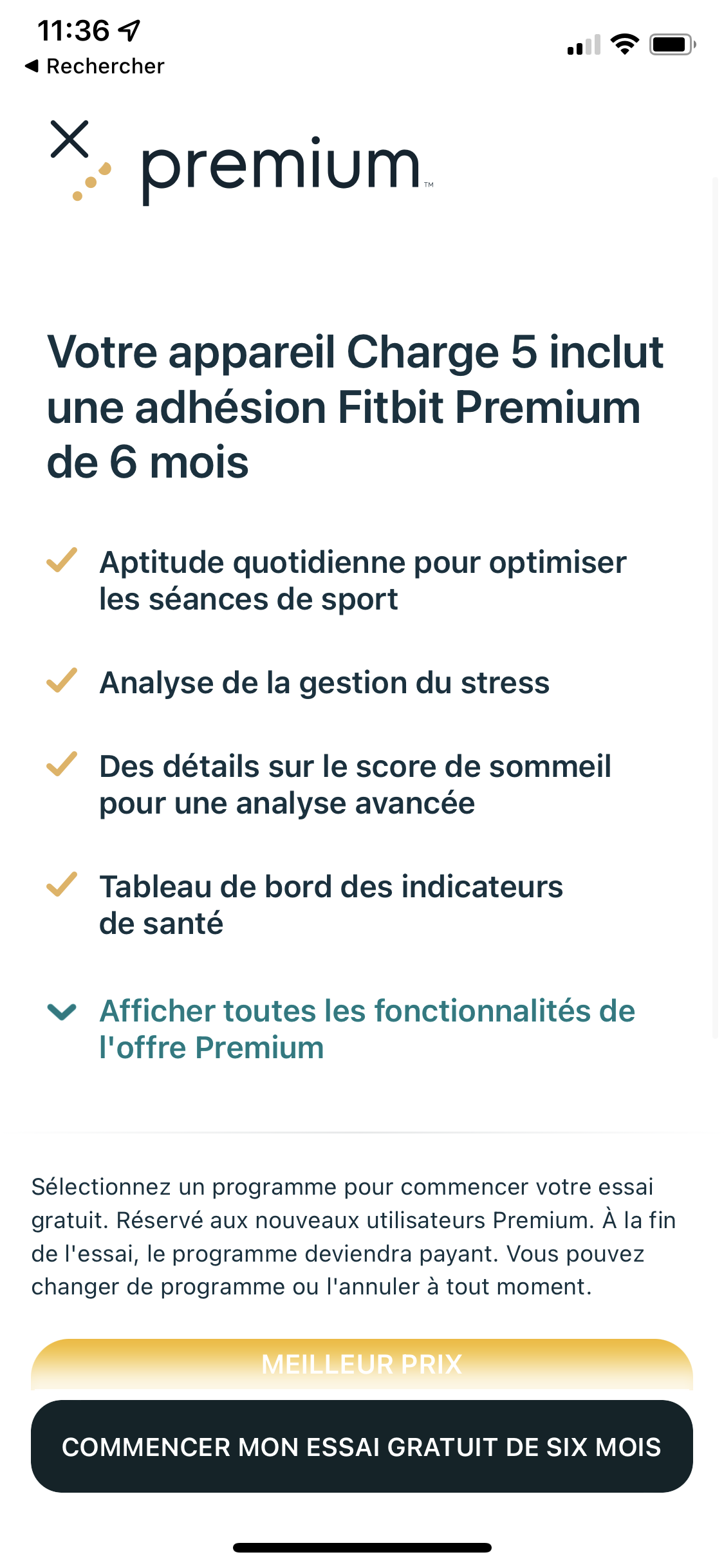 Fitbit Premium notice on iOS Application